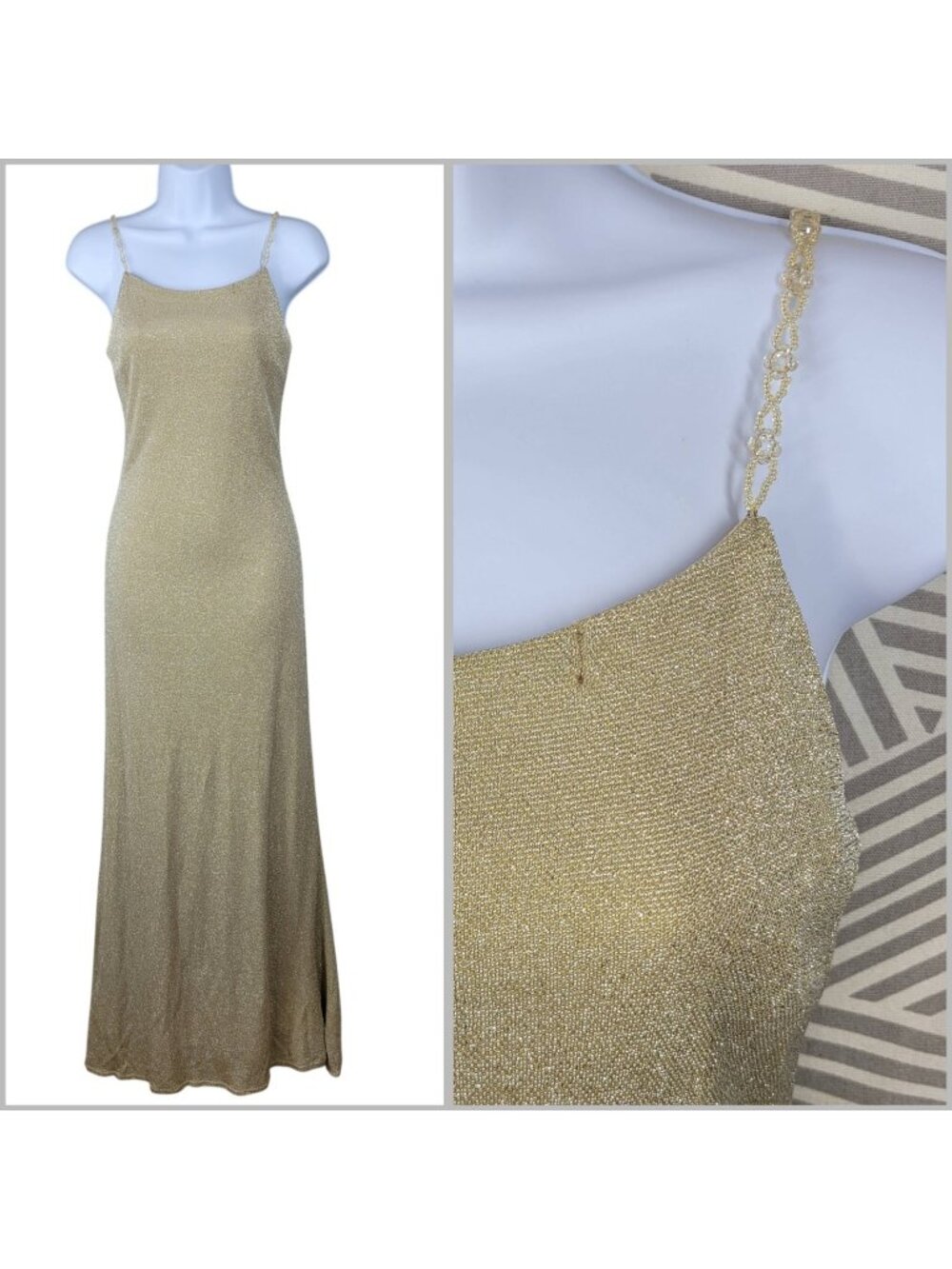 Vintage 90s Evening Event Dress Size 4 6 Prom Gown Maxi Long Gold Beaded Straps